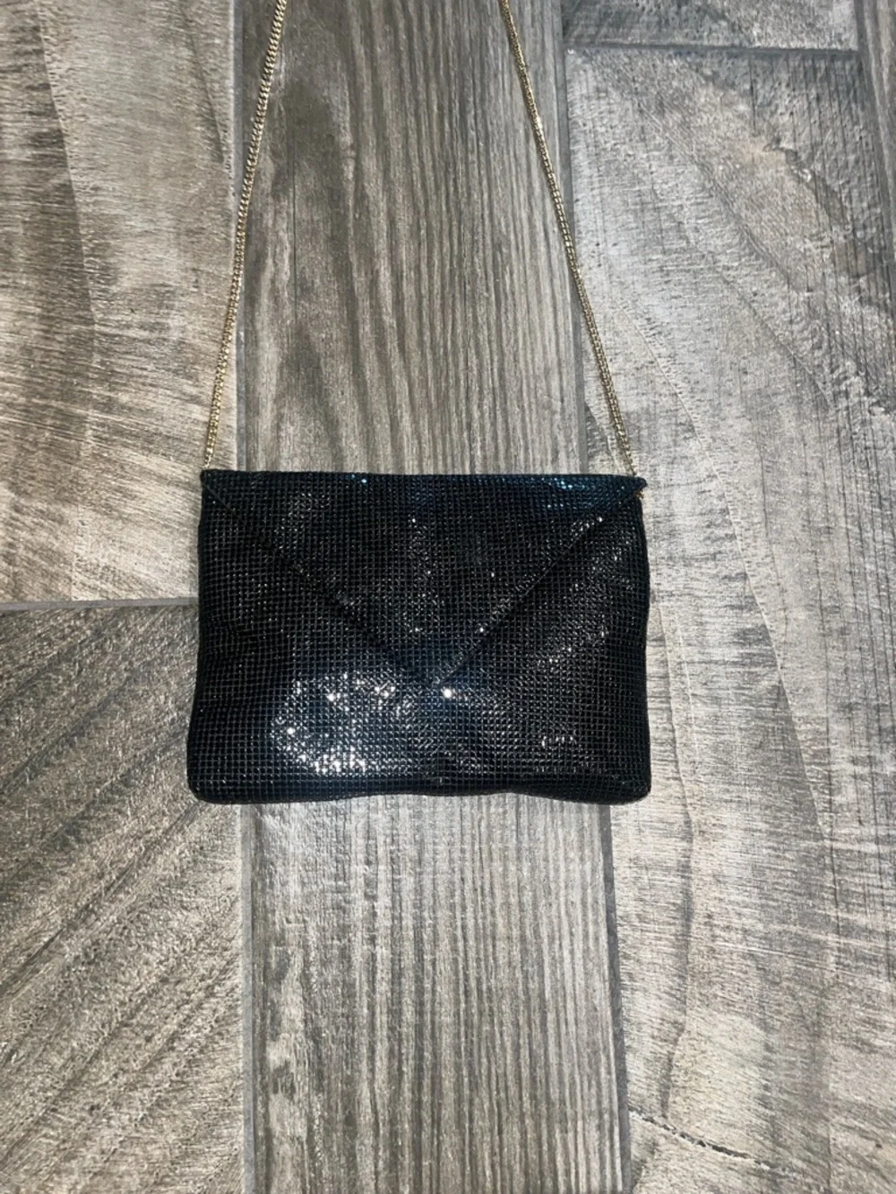 Vintage Whiting & Davis Black Sequin Envelope Shoulder Bag with Gold Chain
